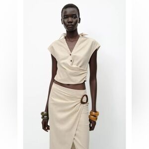 Zara set pleated linen blend top and linen buckle midi skirt